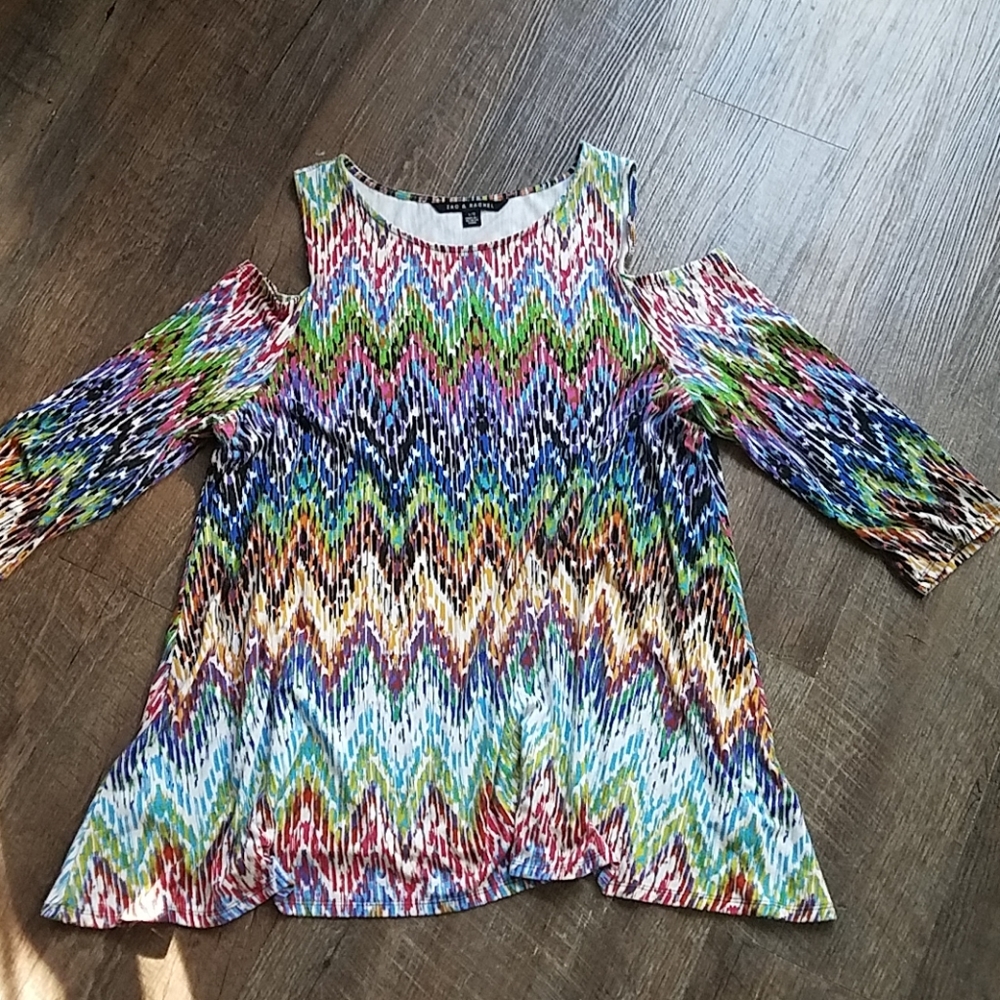 Multi colored cold shoulder swing top